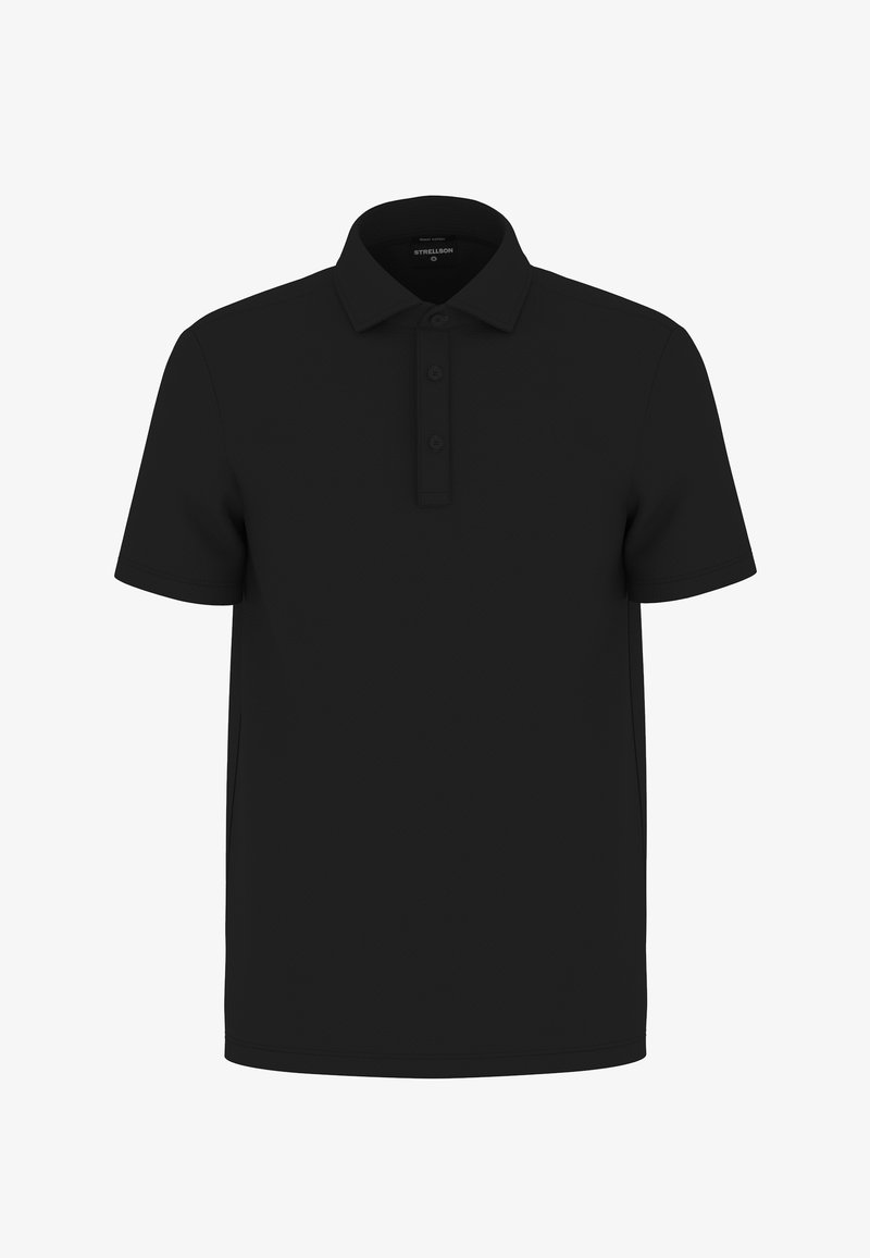 Polo noir avec un col classique, une patte à trois boutons, des manches courtes et un tissu lisse et texturé. Aucun logo ni motif visible.