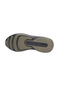 Suela de zapato en caucho negro y verde oliva, con un patrón texturizado que incluye surcos y agarres circulares para mayor tracción.