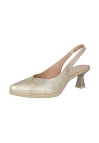 Zapato dorado tipo slingback con puntera puntiaguda, patrón de malla texturizada en el cuerpo y un pequeño tacón cuadrado. Acabado suave y plantilla acolchada.