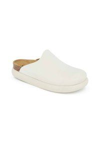 Sabot en cuir blanc avec un bout arrondi, semelle intérieure en liège et une épaisse semelle en caoutchouc texturé blanche. Design minimaliste avec une finition lisse.