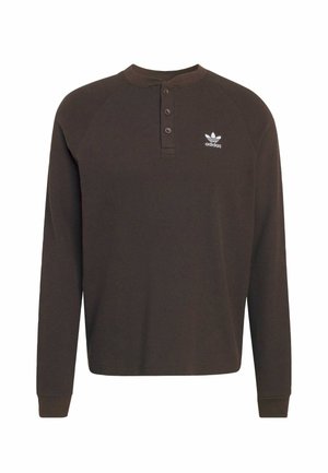 Brown long-sleeve henley shirt, textured fabric with three buttons at the neckline, features white adidas logo on the left chest.