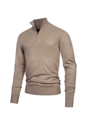 Maglione beige con collo a zip realizzato in tessuto di maglia morbida. Presenta maniche lunghe e polsini e orlo a coste per una vestibilità aderente.