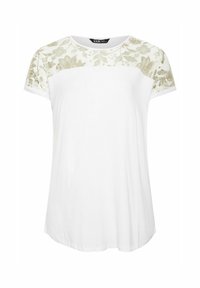 Vit t-shirt med korta ärmar, med en blommig spetsdesign i guld på axlarna. Mjuk tyg med rundad halsringning.