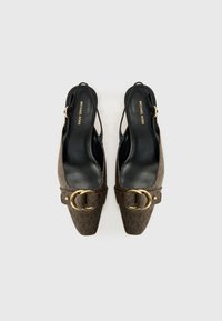 Talons aiguilles à bride arrière en cuir marron à motifs, avec une pointe pointue, des accents en métal doré et un détail de boucle sur la sangle. Doublure intérieure noire.