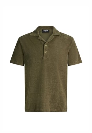 Olijfgroene polo met korte mouwen, twee knoppen en een zachte, gestructureerde stof.