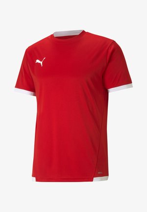 T-shirt desportiva vermelha com mangas curtas, com acabamento branco nos punhos e na gola, apresentando um pequeno logótipo branco no canto superior esquerdo. Feita de um tecido leve.