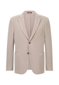 Ljusbeige kavaj i strukturerad tyg, med slagkrage, två framlommor och enknappsstängning.