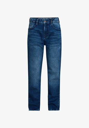 Blaue Jeans aus Denim mit geradem Schnitt, klassischem Fünf-Taschen-Design, Metallknopfverschluss und dezenten Verwaschungen im Oberschenkelbereich.