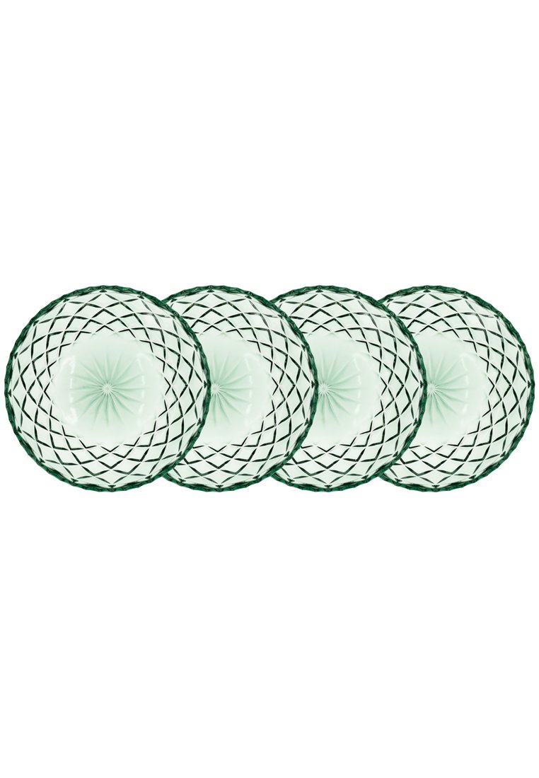 Zestaw czterech przezroczystych szklanych misek z jasnoszarym odcieniem, wzorem diamentowym i teksturowanym dnem w kształcie gwiazdy, przeznaczonych do dekoracji.