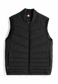 Chaleco de plumas sin mangas en color negro con un diseño acolchado, cuello alto y cierre frontal, con un pequeño logotipo en la parte delantera.