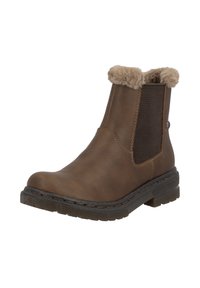 Brązowy skórzany botek za kostkę z futrzanym futrzanym wykończeniem, elastycznymi panelami po bokach i teksturowaną gumową podeszwą. Detale przeszyć podkreślają design.