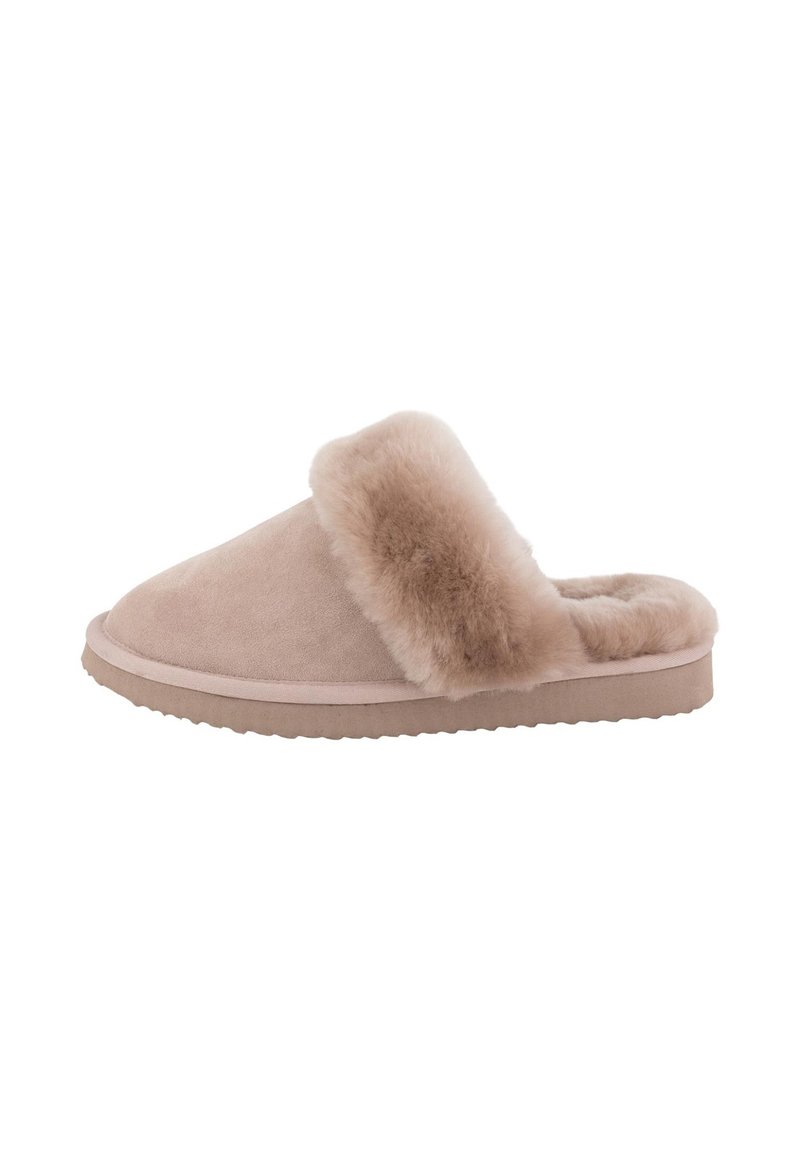 Tansuede tofflor med en fluffig, ljusbrun fuskpälskant, rund form och texturerad gummisula för bra grepp.
