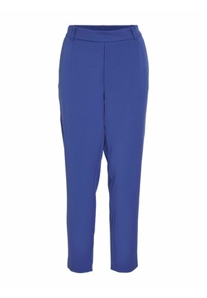 Blue tapered trousers with an elastic waistband, featuring a smooth texture and no visible seams. Designed for a comfortable fit.