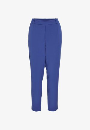 Pantalones azules ajustados con cintura elástica, con una textura suave y sin costuras visibles. Diseñados para un ajuste cómodo.