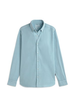 Hellblaues langärmliges Hemd mit Knöpfen, Knopfleiste am Kragen, weißen Knöpfen und Text innen am Kragen mit der Aufschrift "Because there is no Planet B."