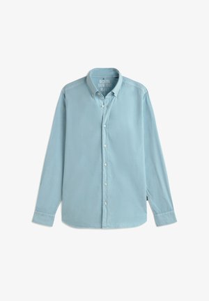 Light blue long-sleeve button-up shirt with button-down collar, white buttons, and text inside collar reading "Because there is no Planet B."