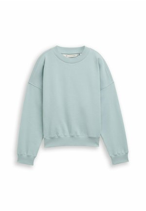 Hellblaues Sweatshirt aus weichem Material, mit Rundhalsausschnitt, überschnittenen Schultern und gerippten Bündchen und Saum in lockerer Passform.