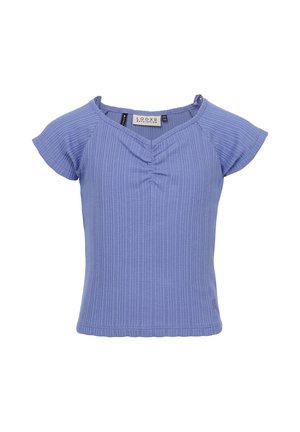 Blauw geribd kortermig shirt met V-hals en lichte plooien bij de borst, gemaakt van een getextureerde stof met een aansluitende pasvorm.