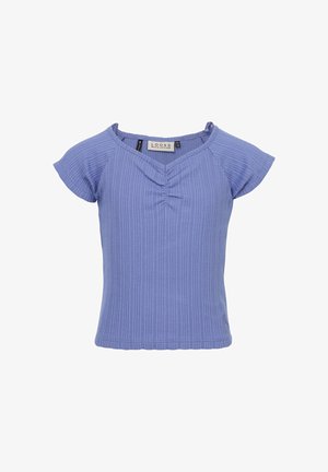 Blauw geribd kortermig shirt met V-hals en lichte plooien bij de borst, gemaakt van een getextureerde stof met een aansluitende pasvorm.