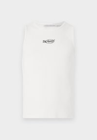 Valge varrukateta puuvillane tikk-kanga tekstuuriga topp, millel on rinnal must tikitud logo. Ümar kaelus, ilma küljesõmblusteta.