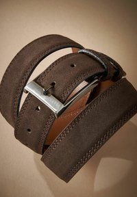 Brauner Wildledergürtel mit einer silbernen Metallschnalle. Verfügt über gestickte Details und mehrere Löcher zur Anpassung. Weiche Textur und glatte Kanten.