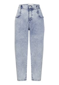 Jeans a vita alta di colore blu chiaro realizzati in denim, caratterizzati da un design a gamba dritta, cinque tasche, cuciture rinforzate e sfumature sottili.