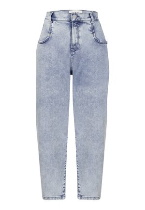 Lichtblauwe high-waisted jeans van denim, met een rechte broekspijpenontwerp, vijf zakken, versterkte stiksels en subtiele vervaging.