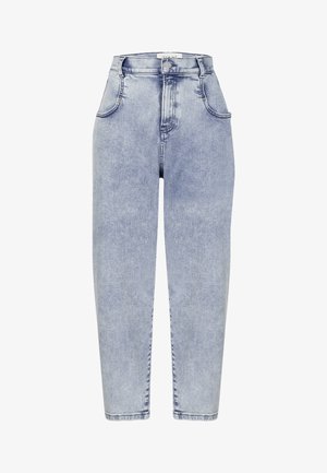 Hellblaue, hochtaillierte Jeans aus Denim mit geradem Bein, fünf Taschen, verstärkten Nähten und dezentem Verblassen.