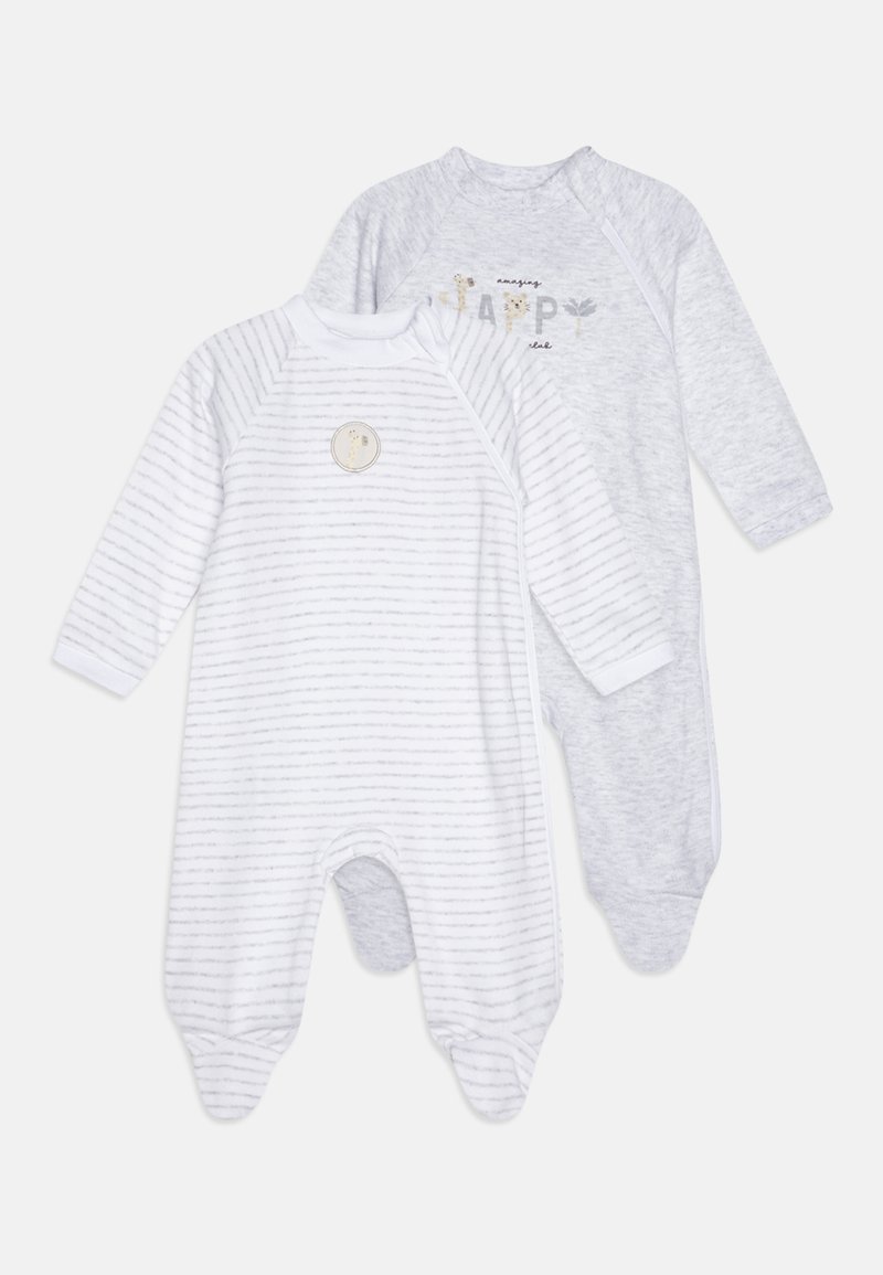 To baby romper: en grå med trykk, den andre stripete hvit og grå med en rund knappdetalj. Mykt stoff, lange ermer, med føtter.
