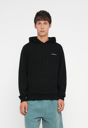 Black hoodie with drawstring, kangaroo pocket, ribbed cuffs, and hem. Features a small white logo on the left chest. Soft cotton blend fabric.