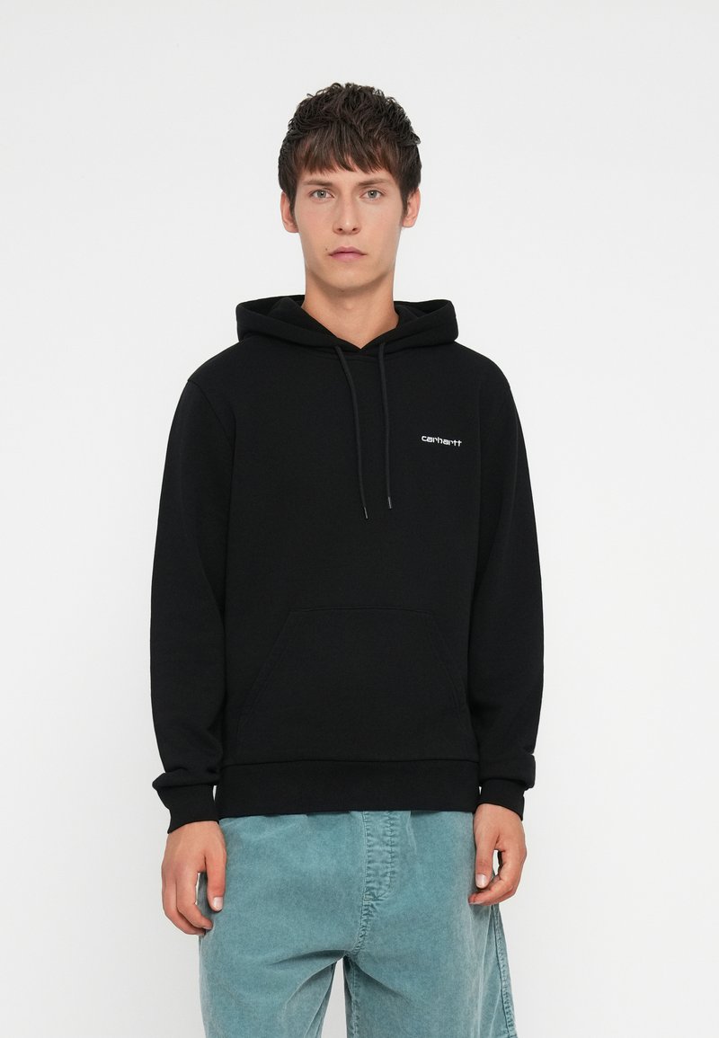 Black hoodie with drawstring, kangaroo pocket, ribbed cuffs, and hem. Features a small white logo on the left chest. Soft cotton blend fabric.