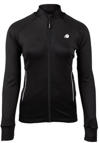 Chaqueta deportiva negra con mangas largas, cierre completo, acentos blancos en los laterales y un cuello alto. Fabricada en un tejido suave y elástico.