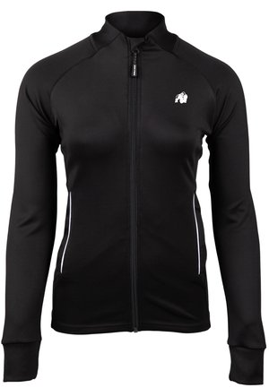 Black athletic jacket with long sleeves, full zip, white accents on sides, and a raised collar. Made of smooth, stretchy fabric.
