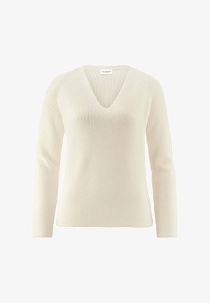 Cremefarbener, gestrickter Pullover mit langen Ärmeln und V-Ausschnitt, vor weißem Hintergrund dargestellt.