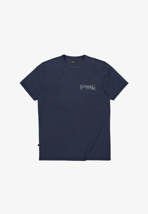 Marineblaues T-Shirt mit kurzen Ärmeln und Rundhalsausschnitt, mit kleinem weißen und hellblauen Textdruck auf der linken Brust.