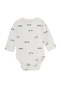 Bodysuit pour bébé à manches longues blanc avec un motif de voiture ludique en bleu et jaune. Tissu en coton doux avec des boutons-pression en bas.