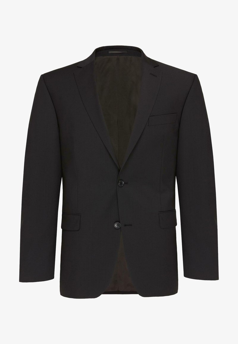 Schwarze Anzugjacke mit Revers, einknöpfigem Verschluss, seitlichen Taschen und einem einfarbigen, strukturierten Stoff. Gefüttert.