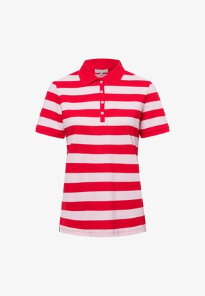 Rot-weißer gestreifter Poloshirt mit Kragen, drei Knöpfen am Ausschnitt, kurzen Ärmeln und geradem Saum. Mischgewebe aus Baumwolle.
