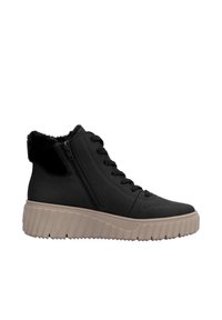 Baskets montantes noires avec bordure en fausse fourrure, fermeture éclair sur le côté et semelle plateforme texturée beige. Lacets et dessus en matériau synthétique lisse.