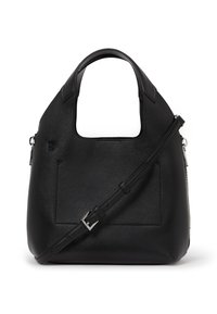 Sac à main en cuir noir avec fini mat, poignée arrondie, bandoulière amovible et poche frontale. Éléments en métal argenté.