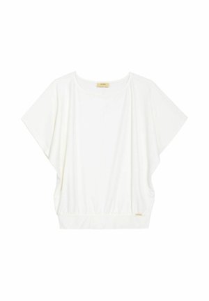 Biały top z krótkim rękawem o luźnym kroju, elastycznym obszyciu i gładkiej fakturze. Posiada subtelną metkę marki w lewym dolnym rogu.