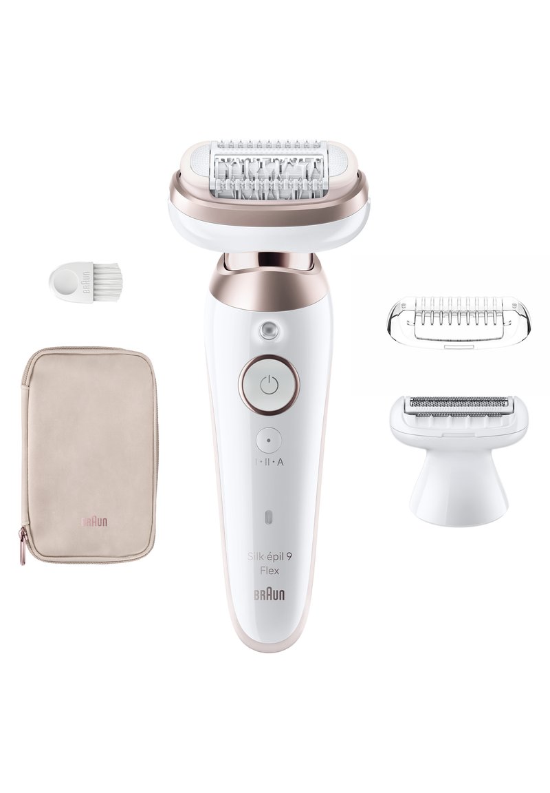 Épilateur Braun Silk-épil 9 Flex avec brosse de nettoyage, pochette de transport beige et deux têtes détachables supplémentaires.
