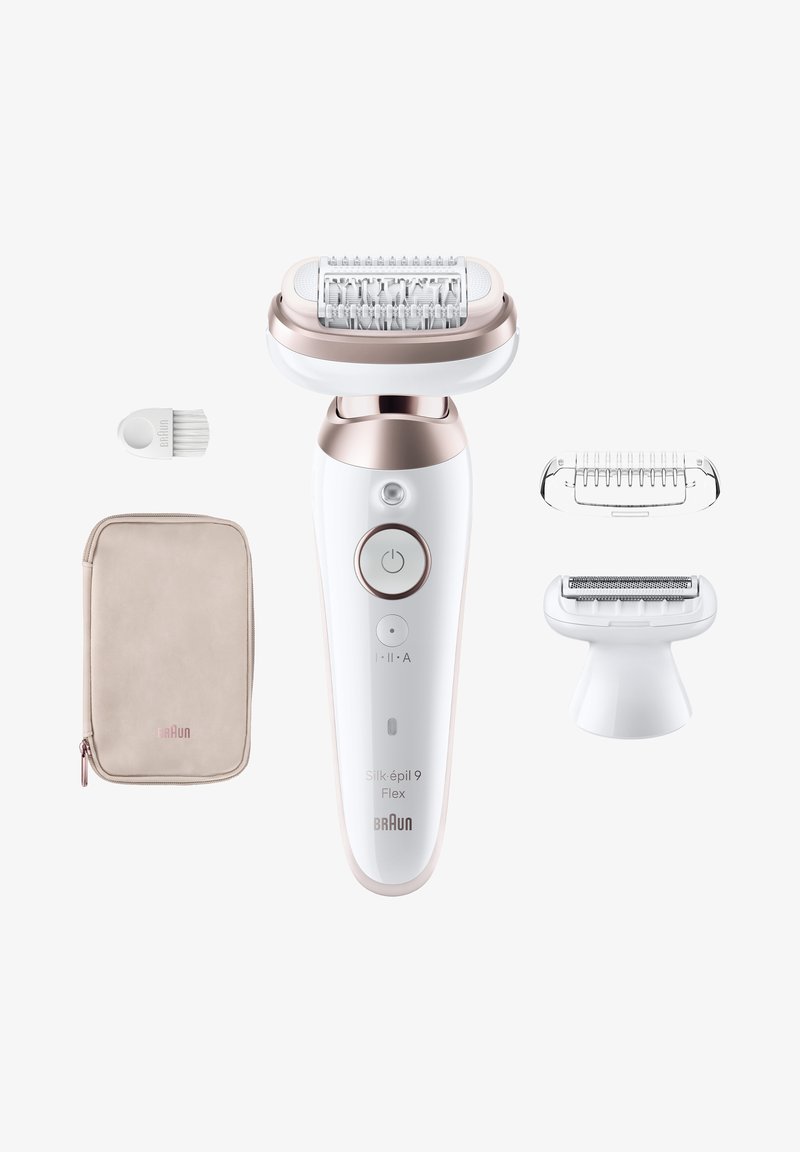 Braun Silk-épil 9 Flex Epilator mit Reinigungsbürste, beigem Tragebeutel und zwei zusätzlichen abnehmbaren Köpfen.