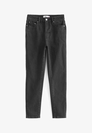 Jean mom noir taille haute avec cinq poches et fermeture par bouton, étalé à plat sur un fond blanc.