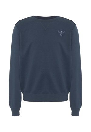 Marineblaue Crewneck-Sweatshirt mit gerippten Bündchen und Saum, mit einer kleinen eingestickten Figur mit ausgestreckten Armen auf der linken Brust.