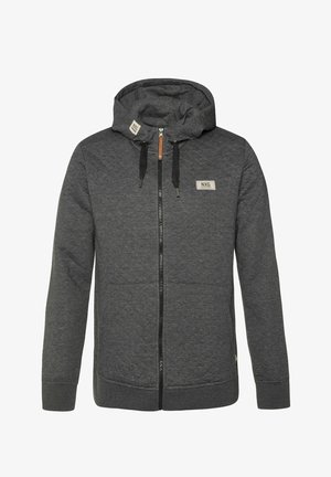 Donkergrijze gewatteerde hoodie met een ritssluiting aan de voorkant, verstelbare capuchon en trekkoord. Heeft een logo op de borst en twee voorzakken.