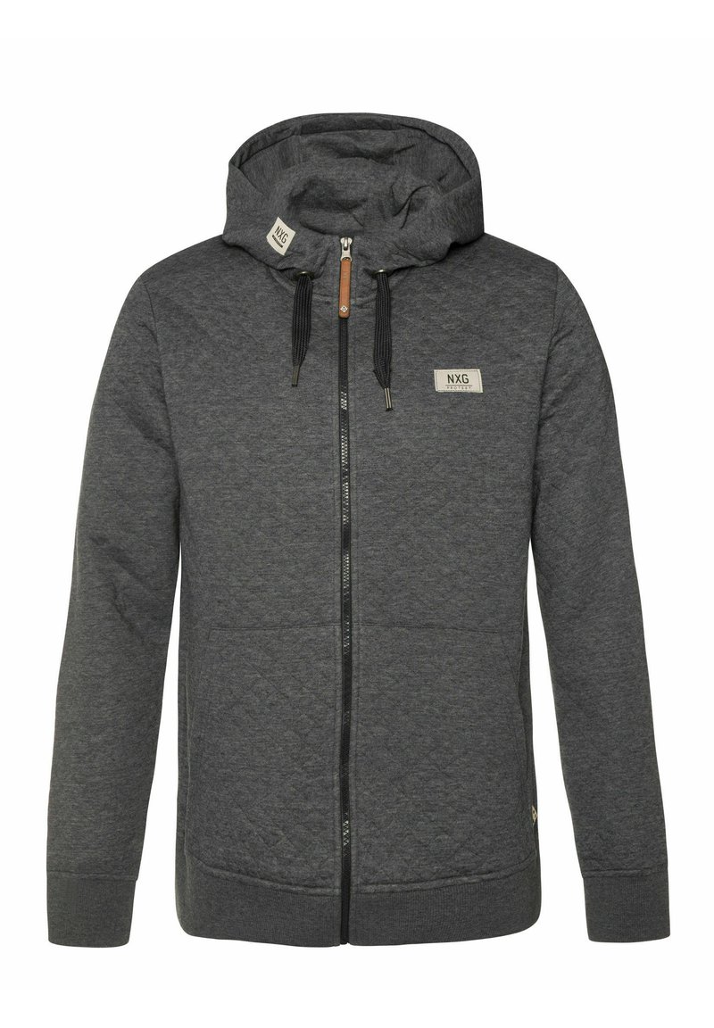 Haut de hoodie matelassé gris foncé avec une fermeture éclair sur le devant, une capuche réglable et un cordon de serrage. Présente un logo sur la poitrine et deux poches avant.
