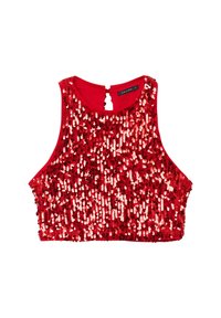 Crop top rosso senza maniche, ricoperto di paillettes luccicanti, con scollatura rotonda e chiusura con bottone sul retro.