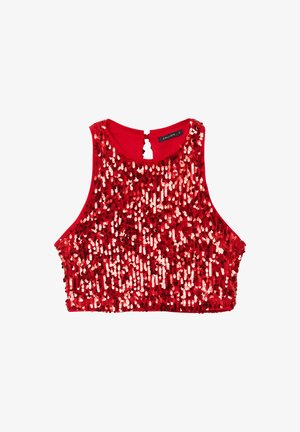 Ärmelloses rotes Crop-Top, das mit glänzenden Pailletten bedeckt ist, mit Rundhalsausschnitt und Knopfverschluss auf der Rückseite.