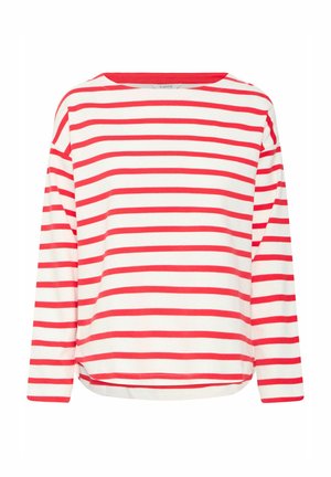 Czerwona i biała koszulka na długi rękaw w paski, wykonana z miękkiego materiału, z szerokim dekoltem i zaokrąglonym dołem. Minimalna liczba szwów i brak widocznych elementów metalowych.